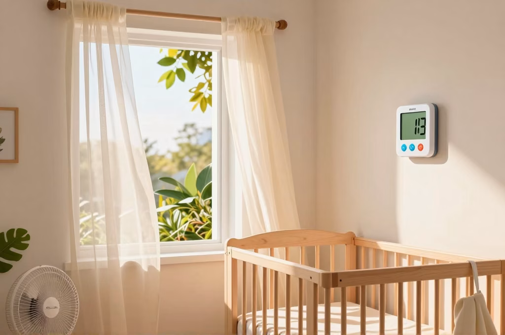 Chambre de bebe fraiche et aeree en ete avec ventilateur et rideaux legers