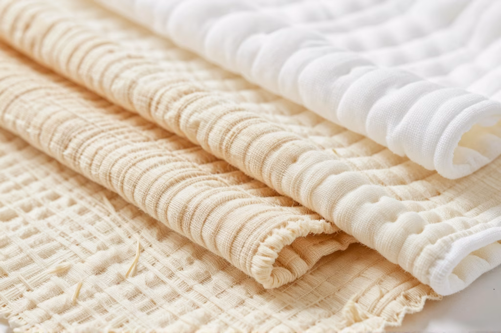 Echantillons de tissus en coton bio et mousseline pour gigoteuse ete bebe aux teintes naturelles