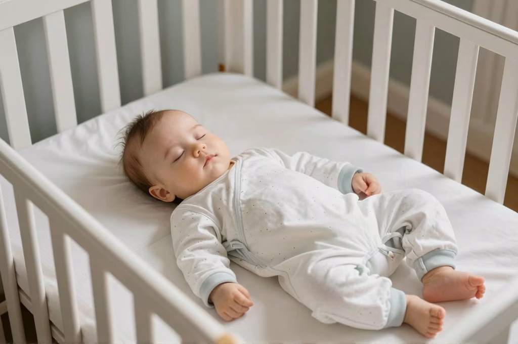 Bébé dormant en sécurité dans son lit avec un surpyjama adapté