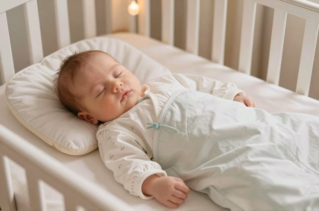 Bebe dormant paisiblement dans une gigoteuse classique dans son berceau