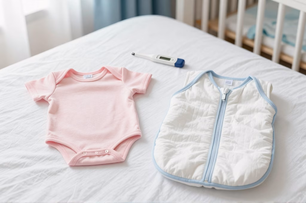 Body et gigoteuse bebe poses sur un lit avec thermometre de chambre
