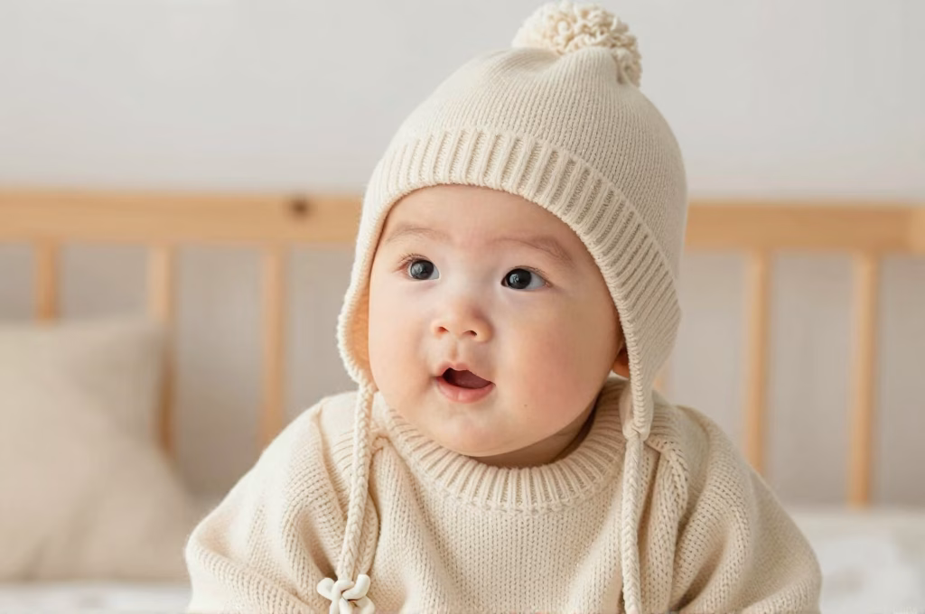 Bebe habille chaudement en tenue hiver complete avec bonnet et combinaison douce dans chambre lumineuse