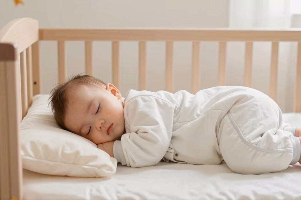 Bebe endormi paisiblement dans une gigoteuse blanche dans son berceau en bois