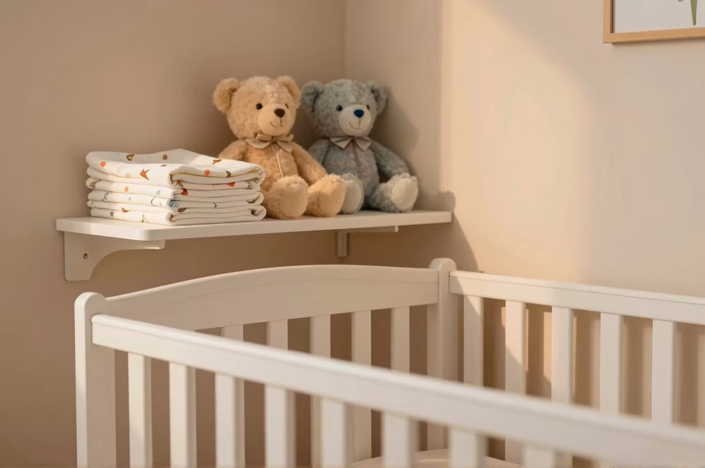 Chambre de bebe cosy avec berceau en bois et gigoteuses rangees sur une etagere