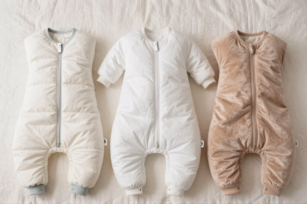 Comparaison de trois gigoteuses hiver de differentes epaisseurs et matieres posees a plat sur un lit