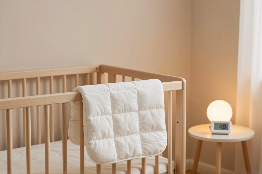 Chambre de bebe en hiver avec berceau en bois gigoteuse epaisse et thermometre sur la table de chevet