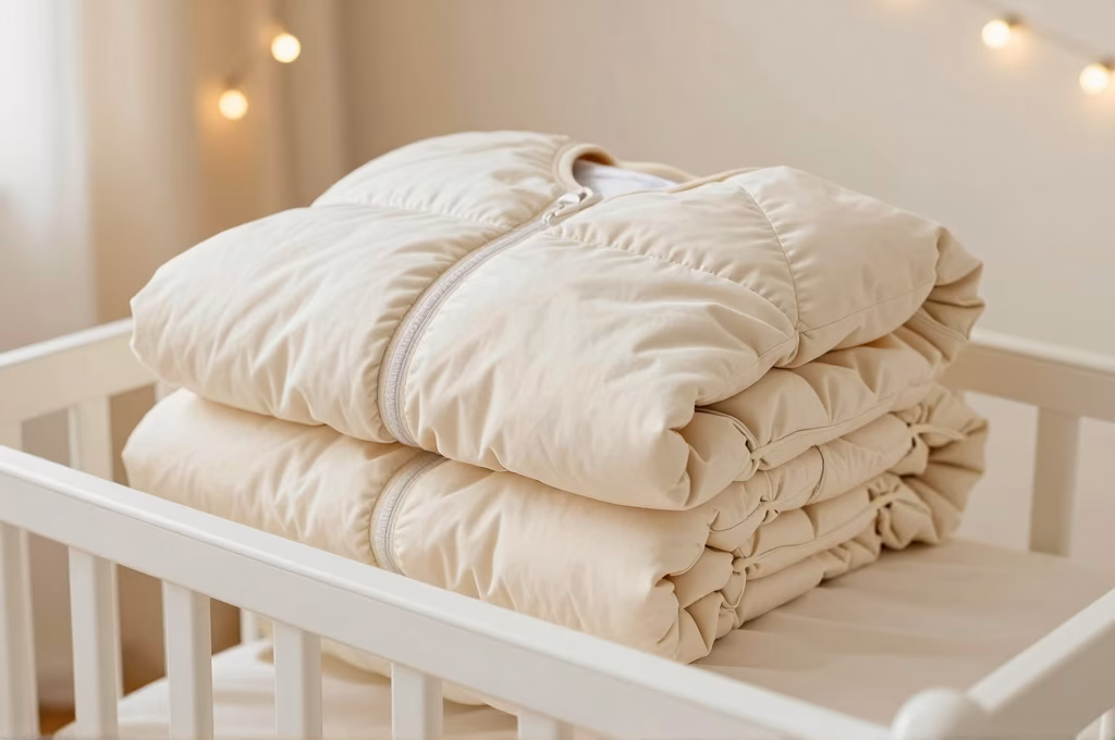 Gigoteuse hiver epaisse et chaude posee sur un berceau en bois dans une chambre de bebe aux tons pastel