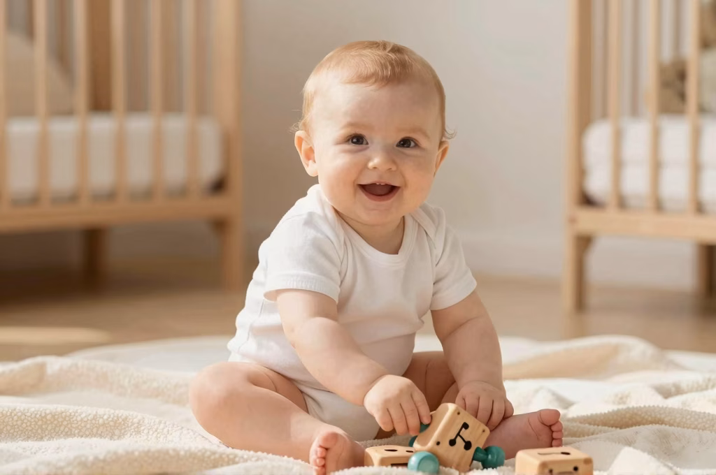 Bebe souriant confortablement habille dans un body en coton bien ajuste jouant sur une couverture