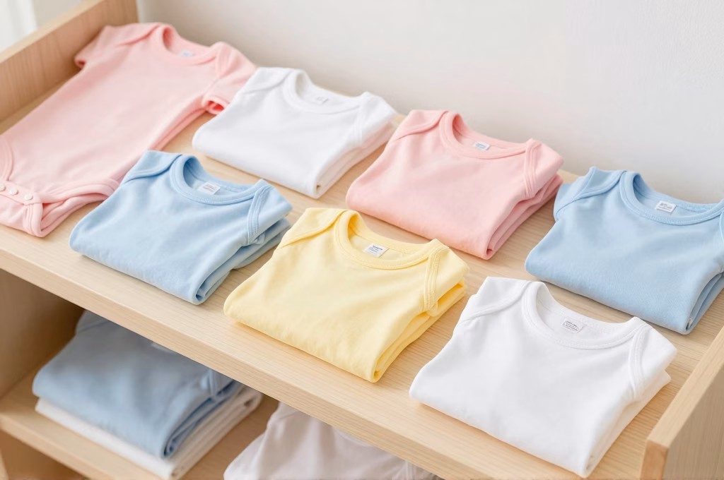 Vetements bebe colores plies et organises par taille sur une etagere en bois clair