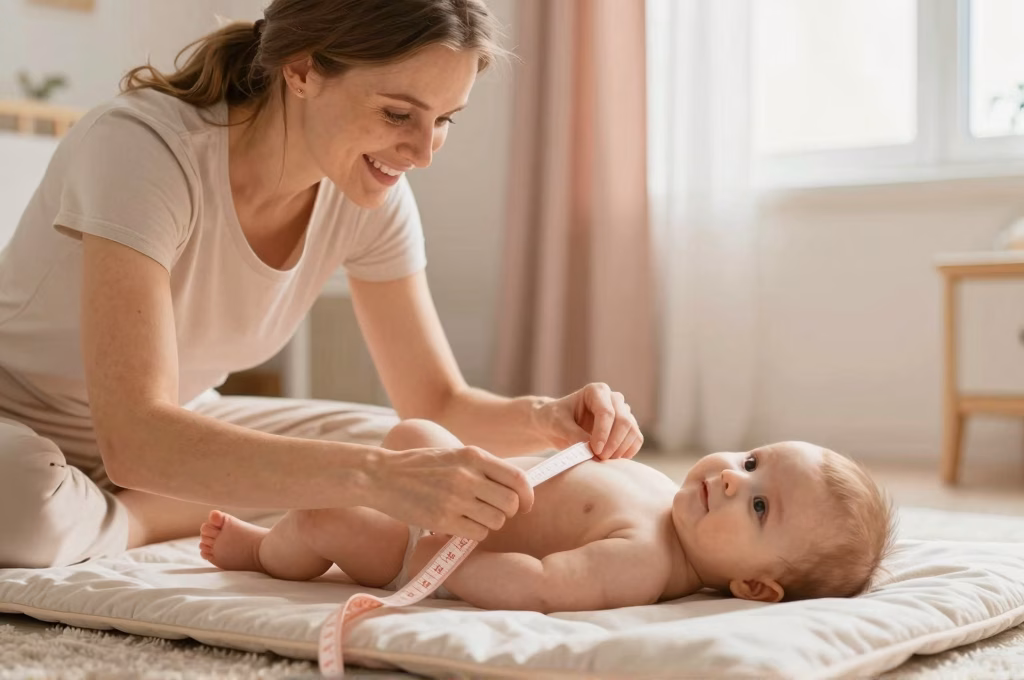 Jeune maman mesurant la taille de son bebe sur un matelas a langer dans une chambre lumineuse