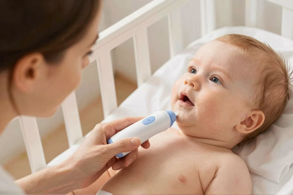 Parent vérifiant la température du bébé à la nuque pour s'assurer qu'il n'a pas trop chaud sous sa gigoteuse