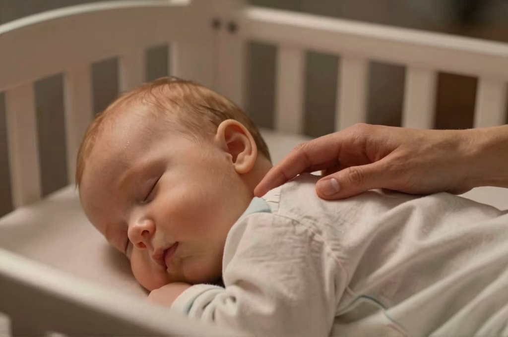 Main de maman verifiant la temperature de bebe en touchant sa nuque pendant le sommeil