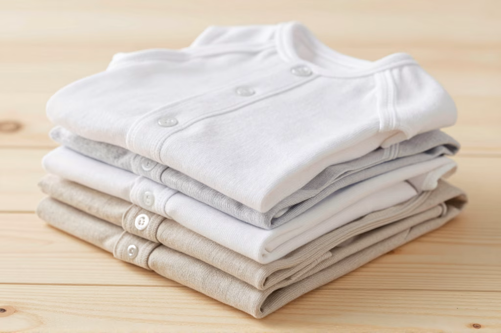 Pile de six bodies nouveau-né en coton bio, manches courtes et longues, couleurs neutres blanc et beige