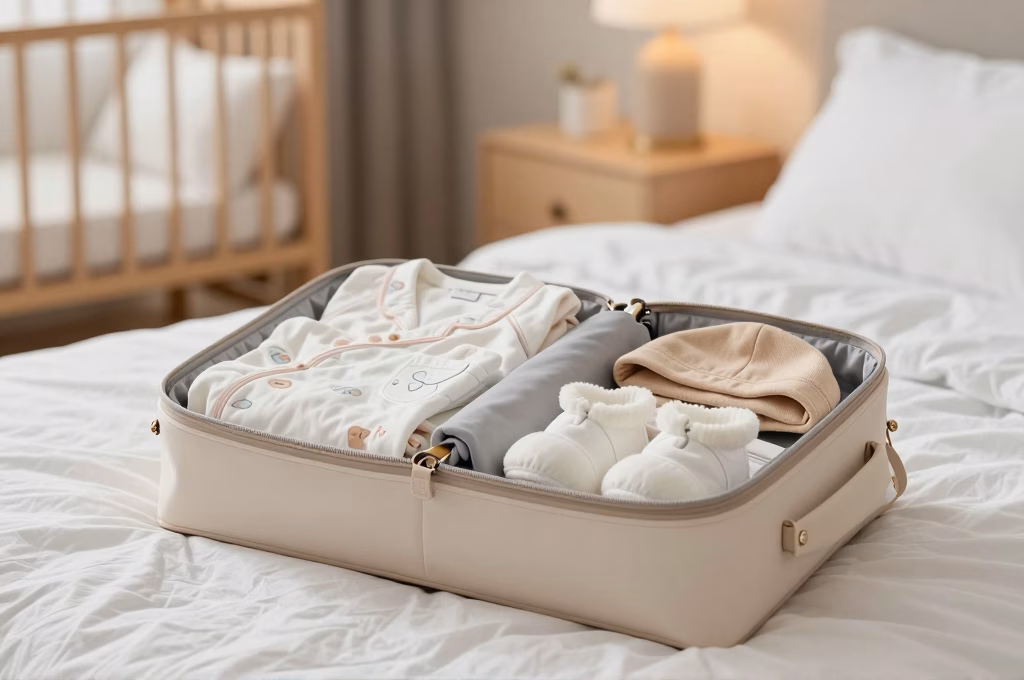 Valise maternite ouverte avec vetements bebe plies prets pour la naissance